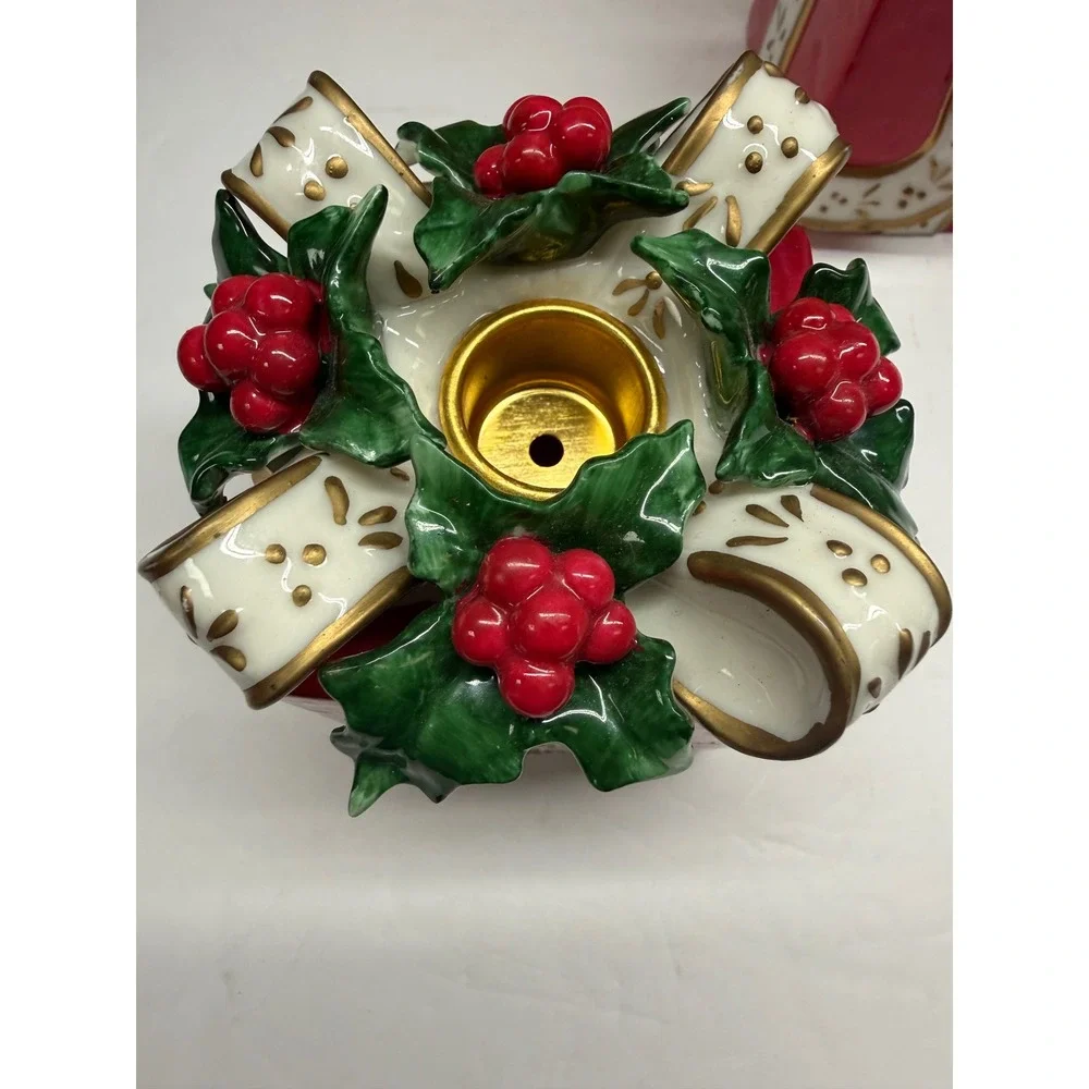 Avon Gift Collection Christmas Gift Box Taper Candle Holders Set of 2 Red Holly
